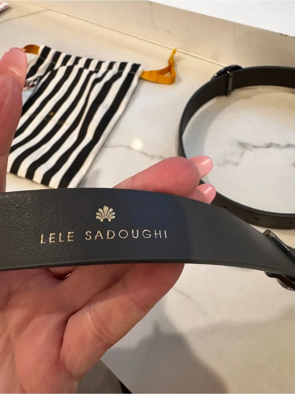 NWT Lele Sadoughi NWT Tahitian pearl oval metal Leather Button-Accent belt L/XL